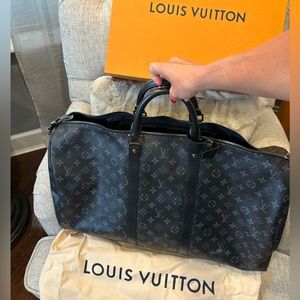 Louis Vuitton 55" Keepall Bandouliere black carry on overnight bag duffle bag